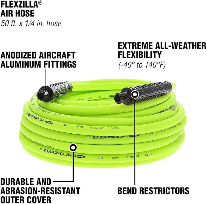 Flexzilla Air Compressor Hose, 1/4 in. x 50 ft., 1/4 in. MNPT Fittings, No-Kink, All Weather, Lightweight, Premium Hybrid Polymer, 300 PSI, ZillaGreen