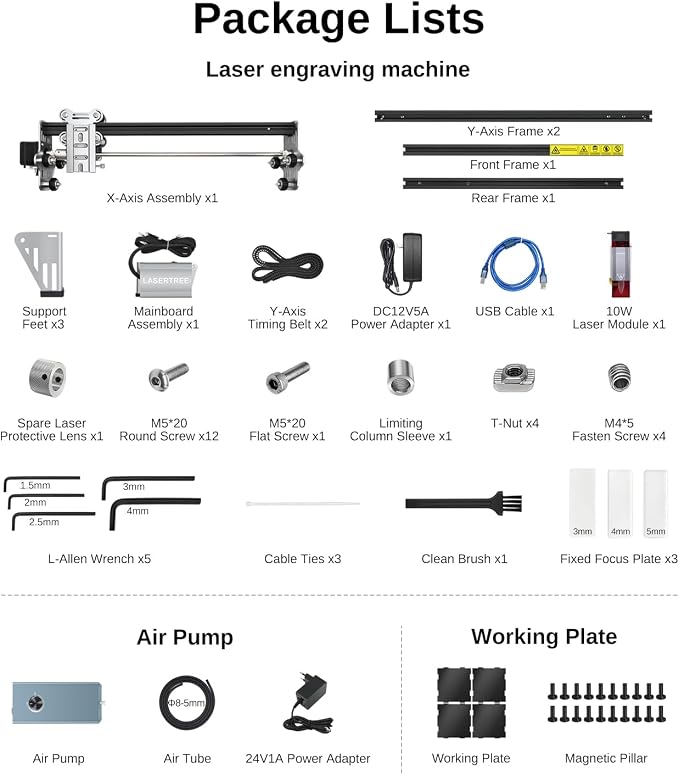 LASER TREE 80W Laser Engraver, 10000mW(10W) Laser Output Laser Engraving Cutter with Air Assist Pump & Magnetic Pad Kit, Built-in FAC, Eye Protection Laser Engraver for Wood Acrylic, Leather, Class 4