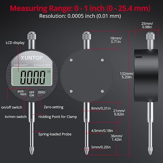 XUNTOP Digital Dial Indicator with 176lbs/80kg Magnetic Base, 1inch/0.0005inch Dial Gauge with Inch/Metric Conversion LCD Display Digital Dial Indicator Set for Lathe,3D Printer,CNC, Indusrial