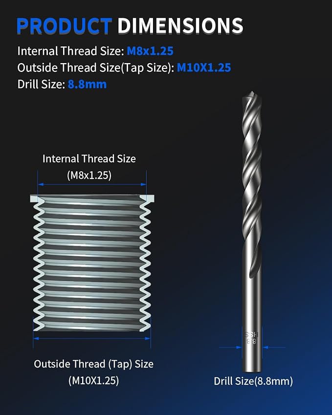 M8 x 1.25 Metric Thread Repair Kit, with HSS Drill Bit, Tap, Counterbore & Installation Driver, M8 x 1.25 Solid 304 Stainless Steel Inserts (10 Pcs, 9.4 mm Length)