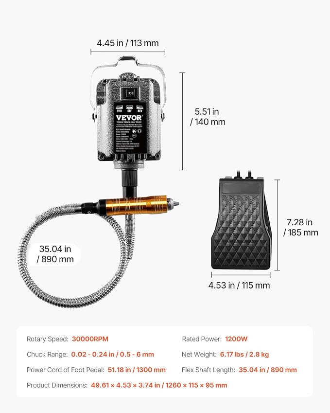 VEVOR Flex Shaft Grinder, 1200W 30,000RPM Electric Flex Shaft Rotary Tool Carver, Multi-functional Hanging Grinding Machine with 31PCS Accessories & Foot Pedal for Carving Buffing Drilling Polishing
