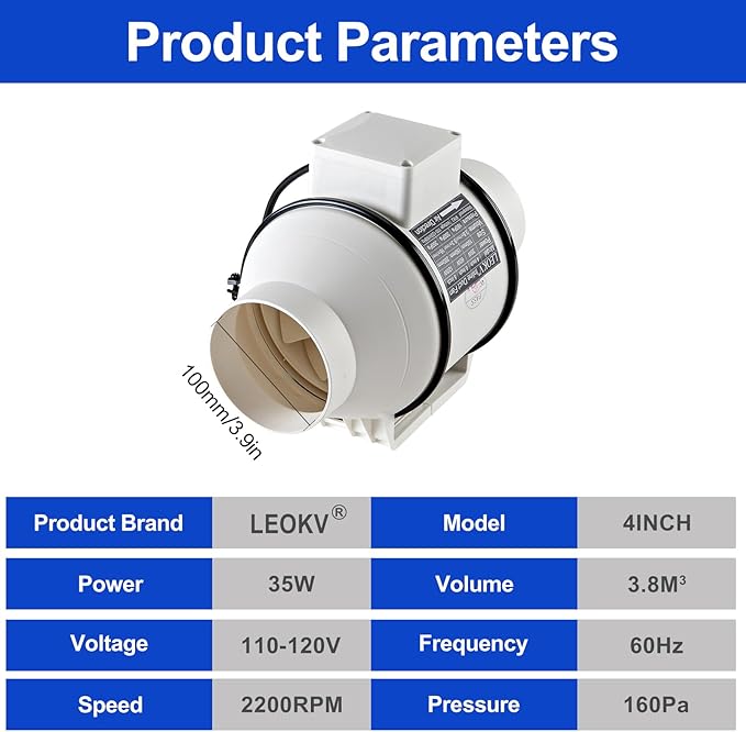 4Inch Exhaust fan Pipeline booster fan Inline duct fan 280 CFM Efficiency Air Fan for Duct Vent Bathroom, Kitchen, Grow Tent,Hydroponics,The wind is very strong.All-copper wire motors are more durable