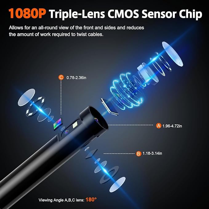 Triple Lens Sewer Camera with 50ft, 5" IPS Screen Borescope with Light, 1080P HD Endoscope IP67 Drain Pipe Snake Drain Camera, 32G Card Semi-Rigid Cable for Plumbing Inspection + Case