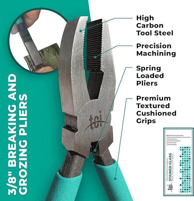 Professional Three Piece Stained Glass Tool Kit with Running Pliers, Breaking and Grozer Pliers and Pistol Grip Cutter with Carbide Cutting Head Perfect for Stained Glass and Mosaics