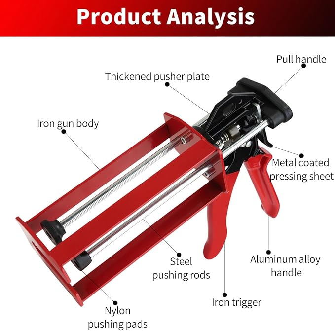 200ml Epoxy Gun Dual Component Professional Heavy-Duty Full Metal Caulking Guns For Dual Cartridges 1:1 & 2:1 Mix Epoxy Applicator For Panel Bonding Structural Repair Adhesive Sealant Red