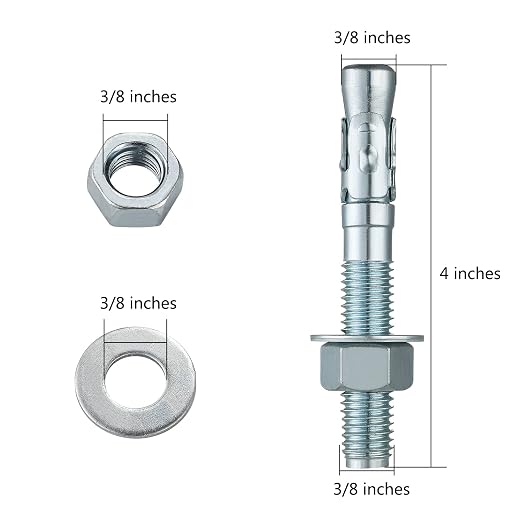 Wensilon 3/8x4" 100Pcs Inch Standard Fasteners for Heavy-Duty Zinc Wedge Anchors for Cement and Concrete