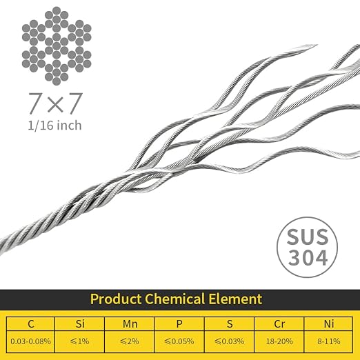 1/16 Wire Rope, 200FT 304 Stainless Steel Cable with 100Pcs Crimp Sleeves, Aircraft Grade, 7x7 Strand, 368lbs Breaking Strength, for Garden Trellis, Clothesline, Railing,Trellis