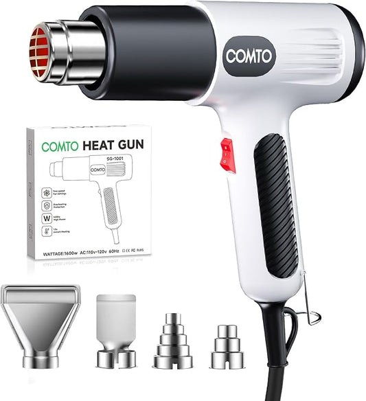 1600W Heat Gun, Hot Air Gun with 2 Temp Settings, 4 Nozzles, Overheat Protection, for Shrink Tubing, Shrink Wrap, Crafting, Resin, and DIY Projects - White