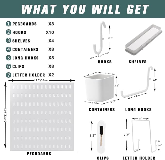 Wall-Mounted Pegboard Kit, 50.4" x 25.2" Organizer Panel – Large, Cost-Effective & Nail-Free Installation White