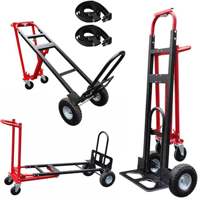 Red Convertible Hand Truck Dolly Cart with 4 Wheels Heavy Duty,1000 Lbs Capacity, 2 Straps for Moving Furniture/Appliance/Carton/Warehouse/Office/Easy to Follow Video to Install