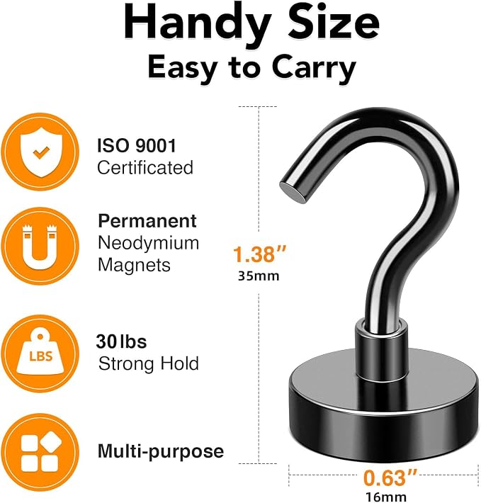 MIKEDE Black Magnetic Hooks Heavy Duty 30Lbs+ | Strong Neodymium Magnets with Metal for Refrigerator Super Cruise Hanging Kitchen Storage Pack of 130