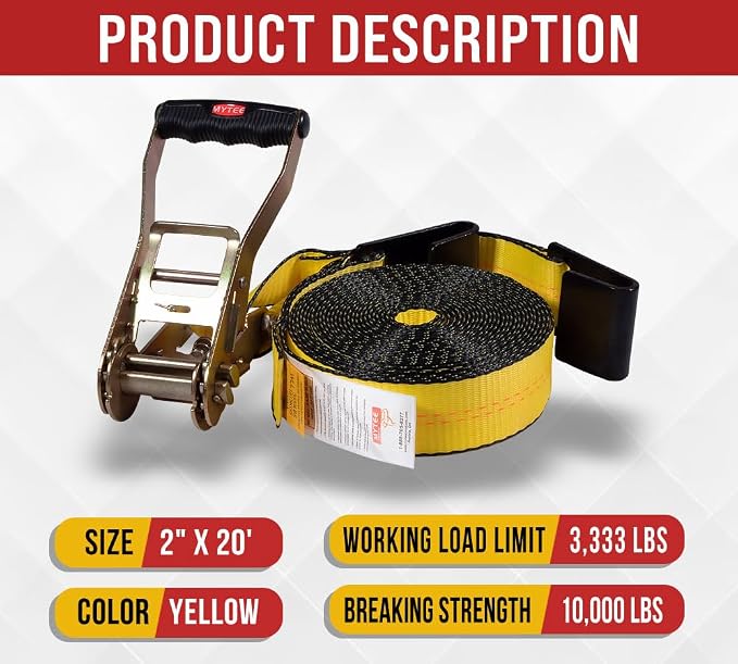 Mytee Products 4 Pack Ratchet Tie-Down Straps with Flat Hooks, 2" x 20' Ratchet Straps Yellow | 10,000 Lbs Breaking Strength | Tie Down Ratchet Straps for Flatbed, Truck, Trailers Pickup