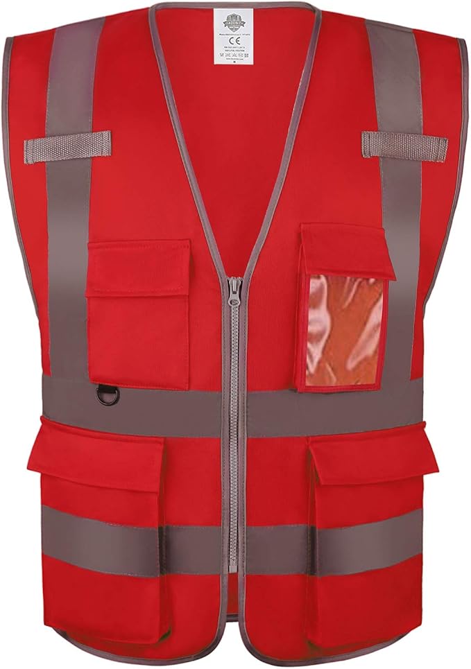 Dazonity High Visibility Safety Vest with Multi Pockets and Zipper, XL,Reflective Strips, Fit for Men & Women, Work, Construction,Cycling, Runnning, Surveyor, Volunteer (Red-XL)