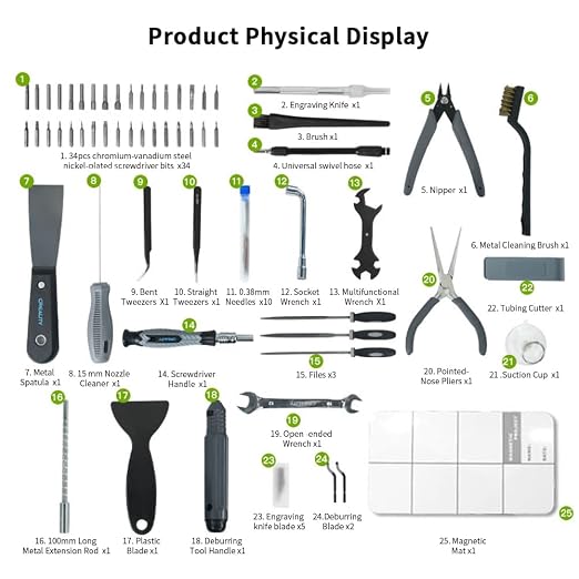 Creality 3D Printer Tool Kit, 74 Pcs in 1 3D Printing Tool Kit Includes Deburring Tool, Nozzle Cleaning Kit, Screwdriver Kit, Removal/Assembly Tools, 3D Printer Tool Wrap Kit Pro for All Printers
