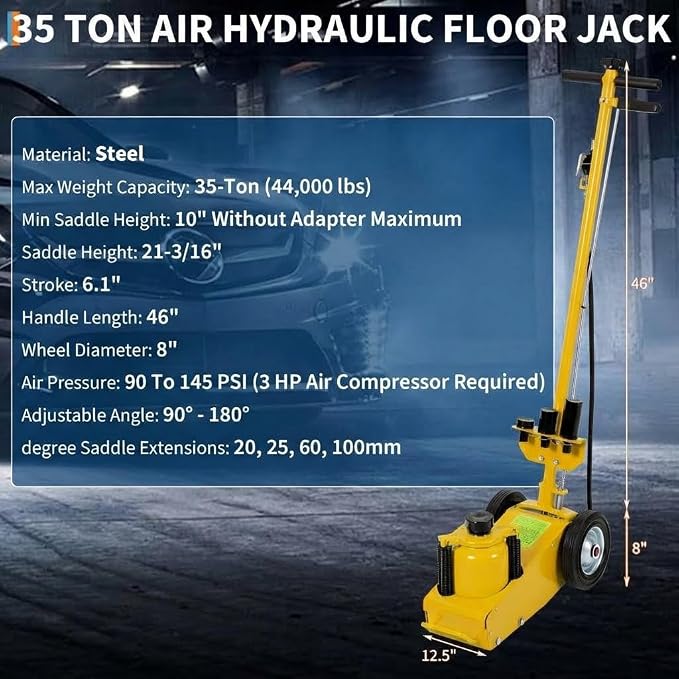 35 Ton Air Hydraulic Floor Jack, 77,000 LBS Capacity Heavy Duty Truck Jack for Trucks & Tractors, Low Profile 10 Inch, Dual Power Air/Manual Hydraulic, 4 Adapters & Adjustable Handle
