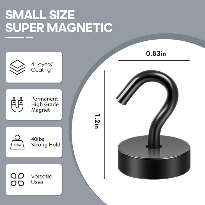 Neosmuk Magnetic Hooks, Cruise Ship Essentials, 40lb+ Heavy Duty Magnetic Hooks for Cruise Cabins, Refrigerator, Grill, Hanging, and Travel | Extra Strong Must-Haves Magnet Hook,Black,Pack of 20