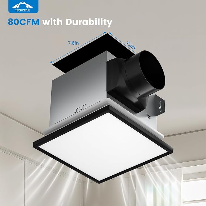 Tech Drive Bathroom Fan with Light And Night Light,80 CFM,4 Inch Duct | 1000lm Dimmable 5CCT LED Light, HVI and Energy Star Certified, Decorative Black Trim, Easy to Install