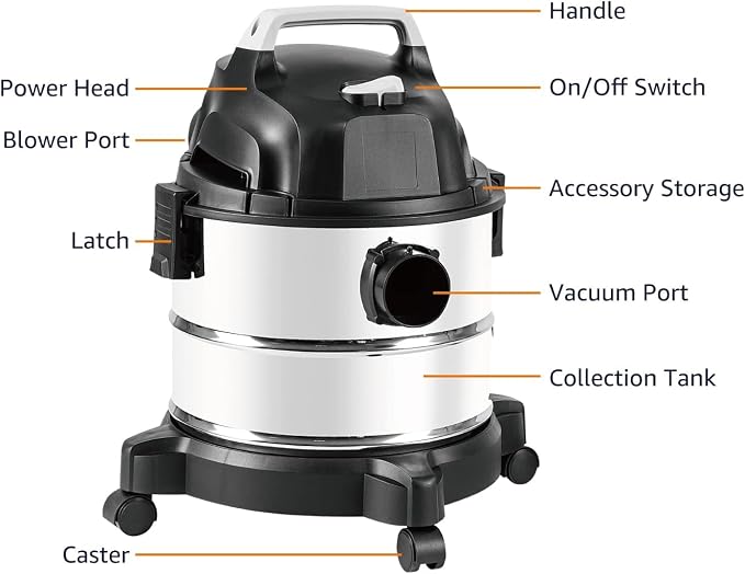 Amazon Basics Wet Dry Shop Vacuum Cleaner, 4 Gallon, 3 HP Stainless Steel, Grey/Black