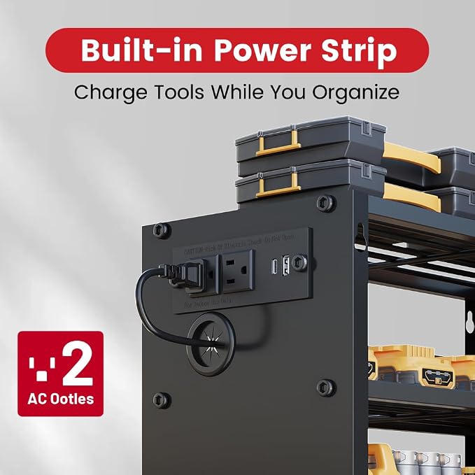 4-Tier Power Tool Organizer, Built-in 2-Outlet Charging Station for Small Garages,400lb Capacity 12mm Steel Drill Holder & Battery Storage for DIY Workshops (4 Slots with 2 Outlets Power Strip)