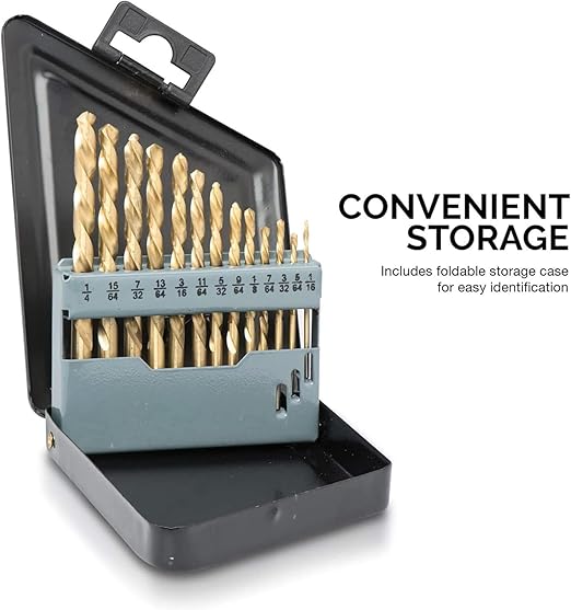 NEIKO 10038A Left-Hand Drill-Bit Set, High-Speed Steel Drills with Titanium Nitride Coating, Reverse-Twist Drill Bits, SAE Sizes, 13-Piece Set