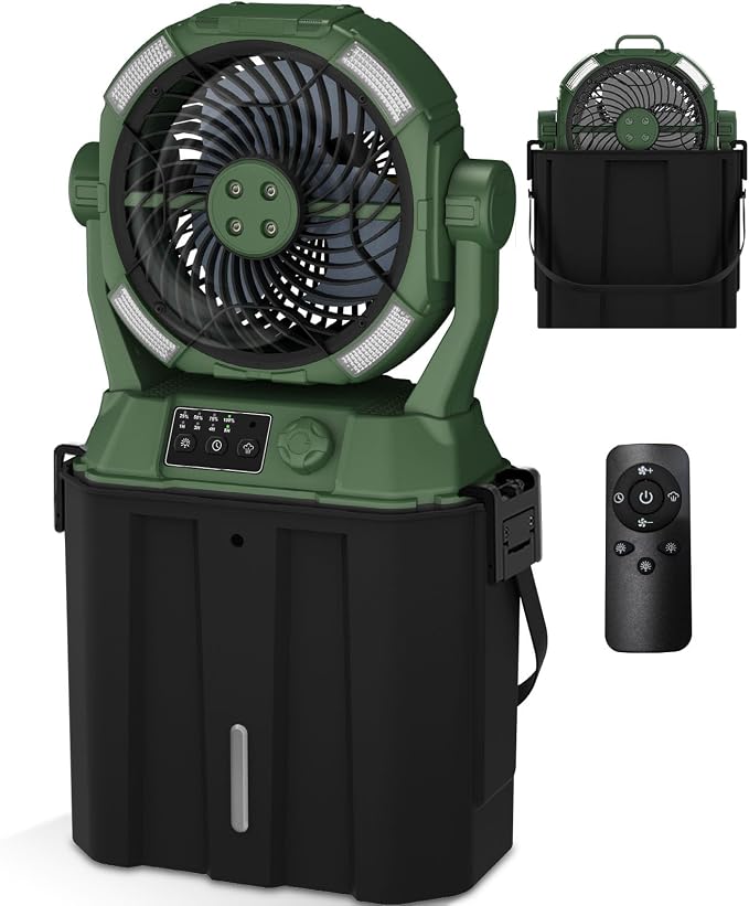 Wilody Portable Misting Fan 20000mAh Rechargeable Battery, 6L Bucket Outdoor Fan with LED Lights & Stepless Speed Control & Cooling Mist, Battery Powered Fan for Outdoor Patio Camping (Dark Green)