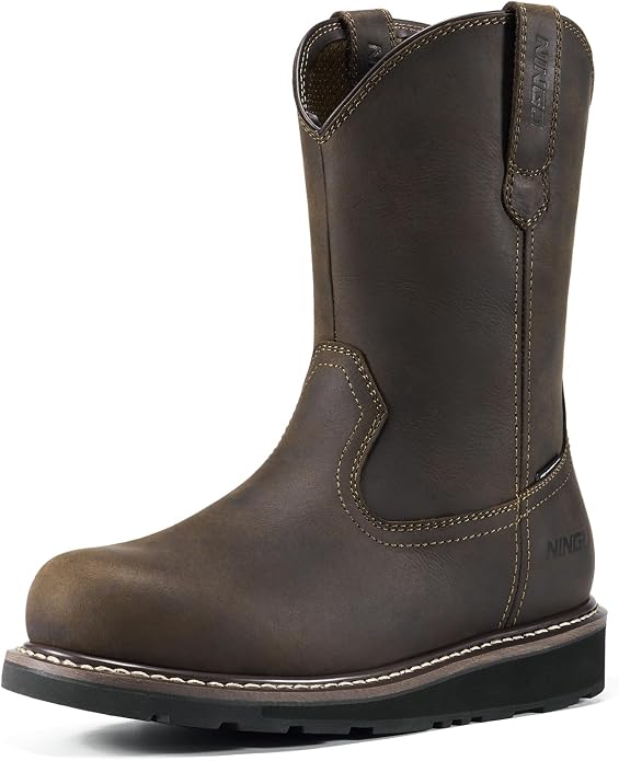 NINGO Soft/Steel Toe Work Boots for Men, Waterproof & Slip Resistant Wellington Leather Boots, Pull On Design, EH Protection with Goodyear Construction Shoes for Industrial, Farm & Welding