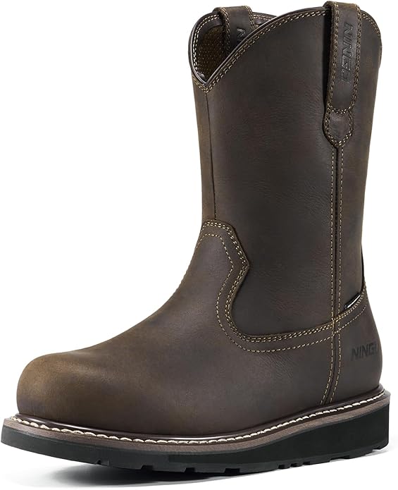 NINGO Soft/Steel Toe Work Boots for Men, Waterproof & Slip Resistant Wellington Leather Boots, Pull On Design, EH Protection with Goodyear Construction Shoes for Industrial, Farm & Welding