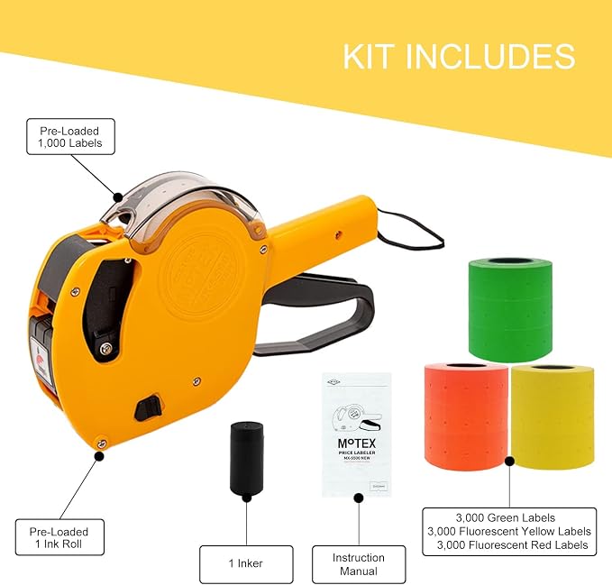 Motex Genuine MX-5500NEW 1 Line 8 Digits Price Tag Gun Kit - Includes 10,000 Blank Labels (White + Red + Yellow + Green) and 1 Pre-Loaded Inker with 1 Ink Refill (Yellow)