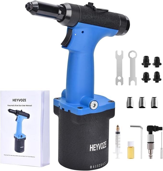 Air Pneumatic Rivet Gun Kit – Heavy Duty Pneumatic Riveter with 3/32", 1/8", 5/32", 3/16" Nosepieces, Ideal for Automotive, Construction, and Manufacturing Applications