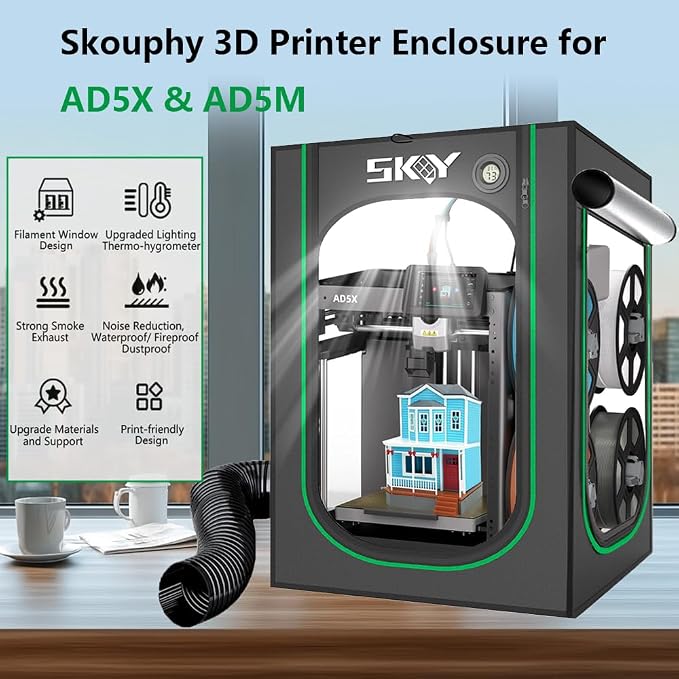 AD5X Enclosure with Ventilation Kit, Fireproof & Dustproof Noise Reduction 3D Printer Cover with USB LED Lighting System for Flashforge AD5X/AD5M 3D Printer