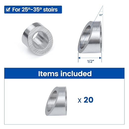 Muzata 20 Pack 3/8" ID Cable Railing Angle Washer 25 30 35 Degrees T316 Stainless Steel Angle Beveled Washer for 1/8" 5/32" 3/16" Cable Railing Hardware Kit CR60