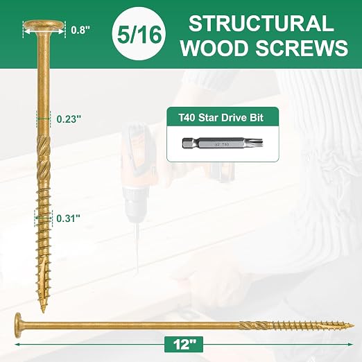 5/16"x12" Heavy-Duty Outdoor Deck Screws, 150Pcs Star Drive Decking Wood Screws, Rust Resistant Timber Screws for Timber/Log/Landscaping Wood (5/16"x12" Tan)