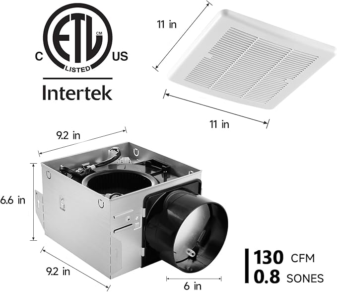 Tech Drive Bathroom Exhaust Fan,130CFM,0.8Sone,6 Inch Duct | No Attic Access Needed,Very Quiet Ventilation Fan, Easy to Install Ceiling Mounted, White,ETL Certified