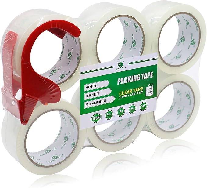 BOMEI PACK 36 Rolls No Noise Silent Clear Packing Tape with Free Dispenser, 2.4mil x1.88 x 55 Yard, Quiet Packing Tape, Heavy Duty Packaging Tape for Moving, Shipping, Office and Storage