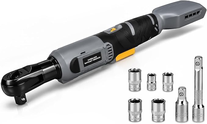 3/8" Cordless Ratchet Wrench Compatible With DEWALT 20V MAX Battery(Tool Only), 89Ft-Lbs(120N.m), Electric Ratchet Wrench Set with Variable Speed, LED Light, 5 Sockets, 3" Extension Bar, 1/2" Adapter