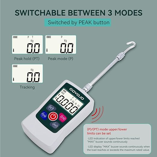 GOYOJO Digital Force Gauge High-Precision Push-Pull Meter for Tension & Compression Testing Units (N, kg, lb, oz) Real-Time/Peak/First Peak Modes Ideal for Quality Control & Material Testing (300N)