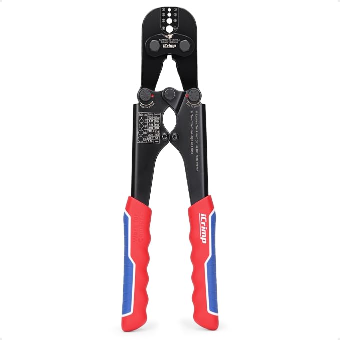iCrimp 1608MC Wire Rope Crimping Tool with Built-In Wire Cutter, 4 Die Slots 3/64" to 1/8", High Carbon Steel Swaging Tool for Marine, Clothesline, Awning, Railing Cable Projects