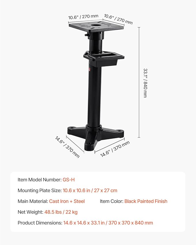 VEVOR Bench Grinder Stand, Heavy-Duty Bench Grinder and Vise Floor Pedestal with 10.6" x 10.6" Mounting Plate, Pre-Cut Mounting Slots & Water Pot, Compatible with Most Bench Grinders