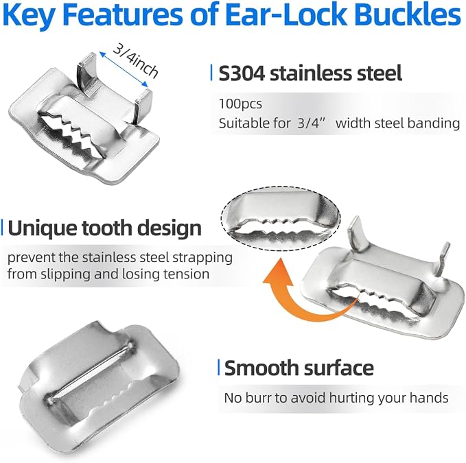 Steel Strapping Banding Kit, Heavy Duty Banding Tensioner & Cutting Tool for 3/4'' Width 100Feet Length 304 Stainless Steel Band Coil, 100pcs Steel Ear-Lokt Buckle