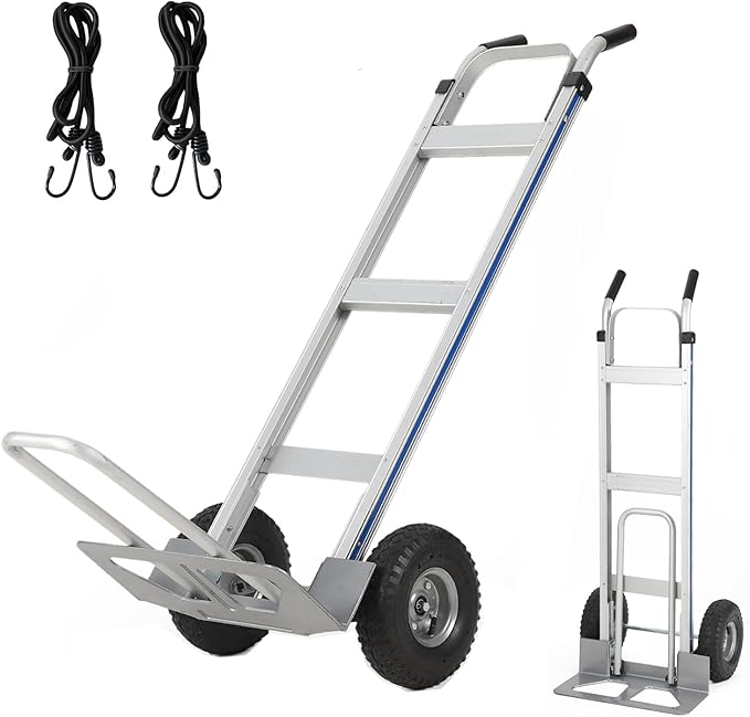Aluminum Hand Truck Dolly Cart,600 LBS Capacity,Heavy Duty Dolly with Extendable Base Plate,10" Pneumatic Tire & 2 Elastic Cords,Platform Hand Cart for Transport & Moving in Warehouse, Supermarket