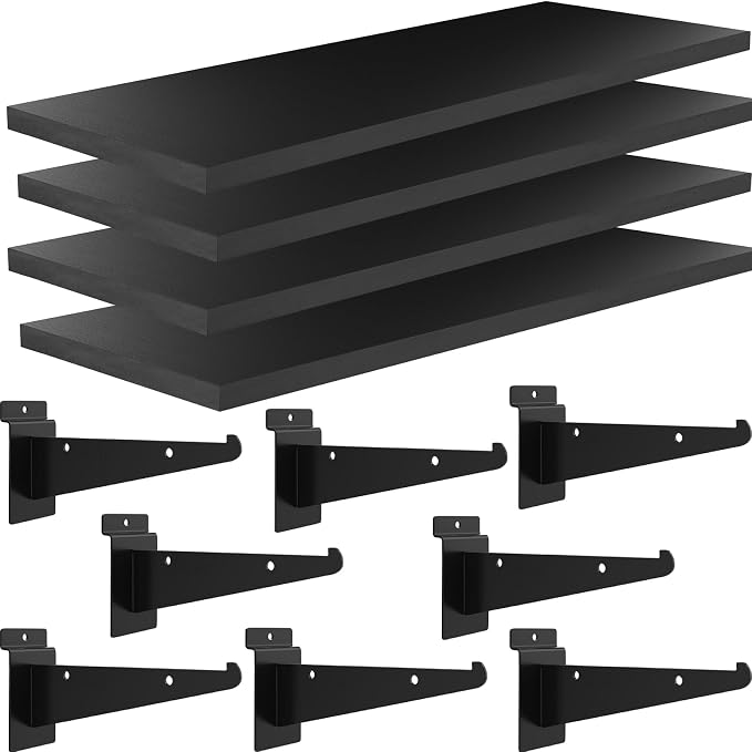 4 Pack Wooden Slatwall Shelf, 15.7 x 5.9 Inch Slatwall Shelves with Metal Brackets Heavy Duty Slat Wall Organizer Slatwall Shelving Accessories for Garage, Home (4, 15.7"D x 5.9"W x 0.6"H)