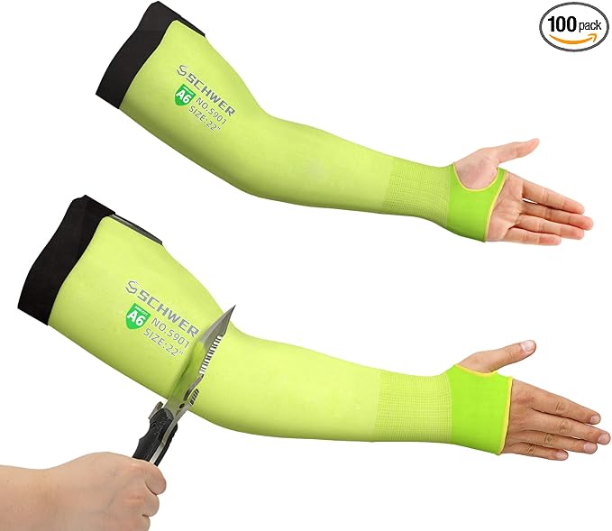 Schwer AIR-SKIN ANSI A6 Cut Resistant Arm Sleeves for Men & Women, Arm Protectors for High Risk Work, Gardening Sleeves, 100 Pairs, Yellow, 22 IN
