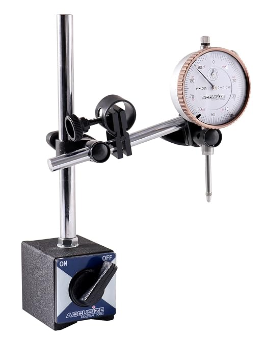 Accusize Industrial Tools 0-1'' by 0.001'' Dial Indicator with Magnetic Base Set, 60 Kg Capacity, Eg00-1038 | 176 lb Pull, On/Off Switch, V-Groove Bottom, Fine Adjustment, 0.001" Graduation