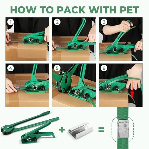 5/8" x 1049' Polyester (PET) Banding Strapping Kit, Heavy Huty | Pallet Packaging Kit, 1100lbs Strapping Tool, Tensioner Crimper Sealer Tool with 100 Metal Seals, 100 Protector Corners