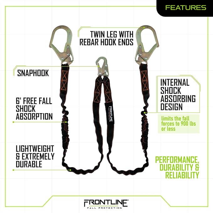 Frontline LIS62R Double Shock Absorbing 6' Lanyard | Twin Leg Lanyard 1 Snap Hook and 2 Rebar Hook Ends | ANSI & OSHA Compliant Fall Protection | 6000 lbs. Min. Breaking Strength