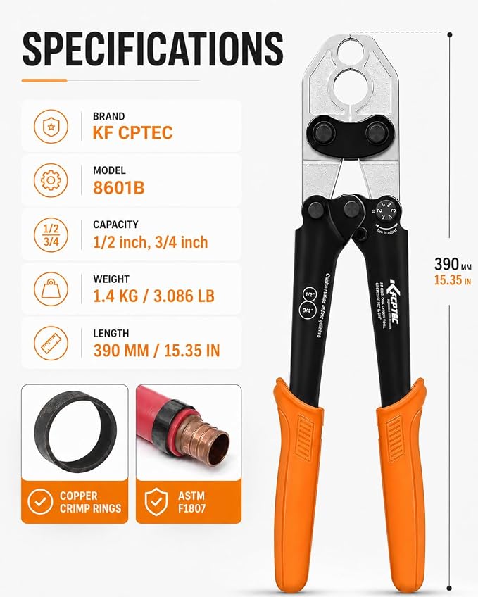 KF CPTEC PEX Crimping Tool Kit for ASTM F1807 Copper Crimp Ring Systems, 1/2 Inch & 3/4 Inch PEX Crimper with PEX Cutter and Go/No-Go Gauge, Plumbing Tool Set for PEX-B Pipe