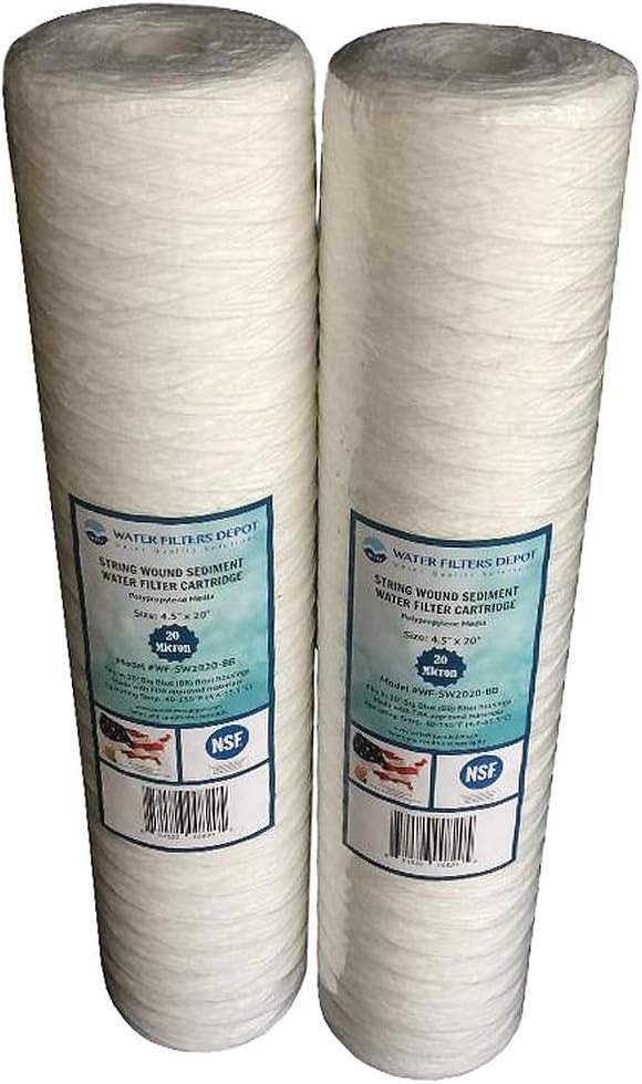 WFD, WF-SW2020-BB 4.5"x20" 20 Micron String Wound Sediment Water Filter Cartridge, Fits in 20" Big Blue (BB) Housings of Whole House Filter Systems (2 Pack, 20 Micron)