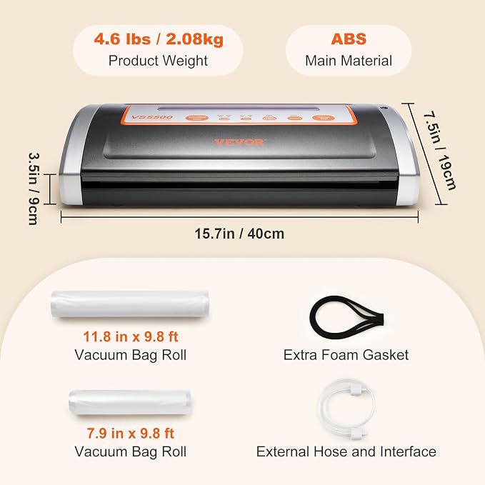 VEVOR 80Kpa Vacuum Sealer Machine,130W Powerful, Multifunctional for Dry and Moist Food Storage, Automatic and Manual Air Sealing System with Built-in Cutter