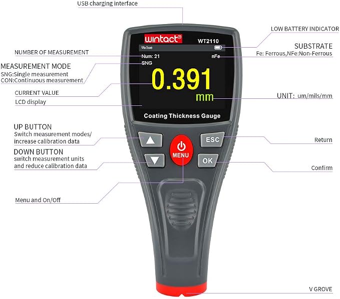 Wintact Digital Paint Coating Thickness Gauge Meter 0~1500um, 1500 Readings Storage, 360°Screen Rotation, Backlit Color Display, Chargeable, Auto-Off, Rechargeable for Cars, Industrial