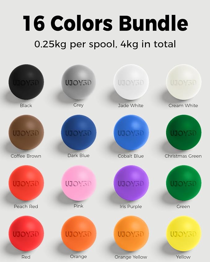 UJOY3D 16 Color Pack Elite PLA+ Filament Bundle, Multicolor PLA+ 3D Printer Filament 1.75mm, High Speed 3D Printing Material, Individually Vacuum Packed, 0.25kg per Spool, 16 Pack, Total 4kg